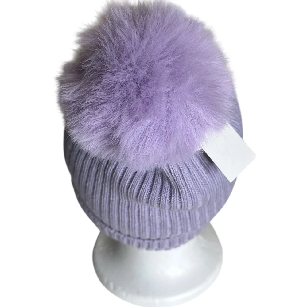Nordstrom Ribbed Knit Fleece Lined Faux Fur Pom Pom Beanie NWT Purple Pastel